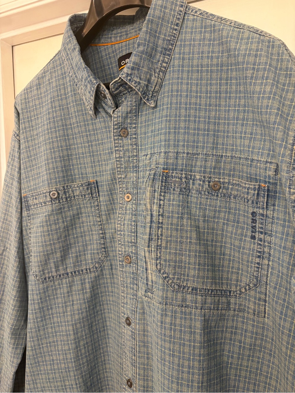 ORVIS Denim Shirt Mens XL Blue Long Sleeve Button Up - Zip Pocket Striped Plaid
